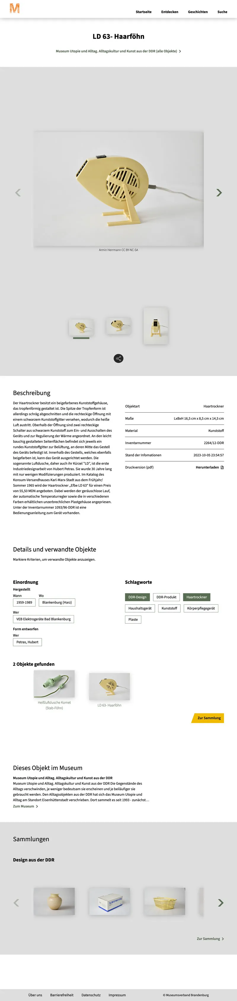 Screenshot: Museum Digital Objektseite des Museumsverbands Brandenburg